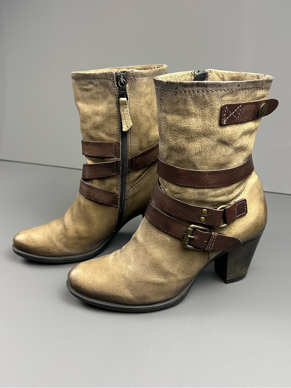 MJUS Granger Leather Mid Calf Boots Ash Brown Buckle Side Zip EU 39 US 8-8.5